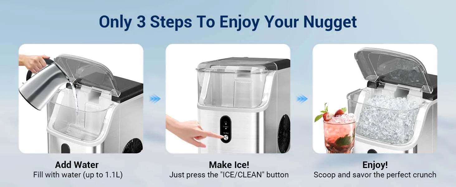 Nugget ice Maker countertop, Soft Pebble Ice Machine 40lbs/Day Small Chewable Pellet ice, Stainless Steel Quiet Mini Chewy Ice Maker Self Cleaning, Ice Ready in 6 Mins for Home Kitchen Office