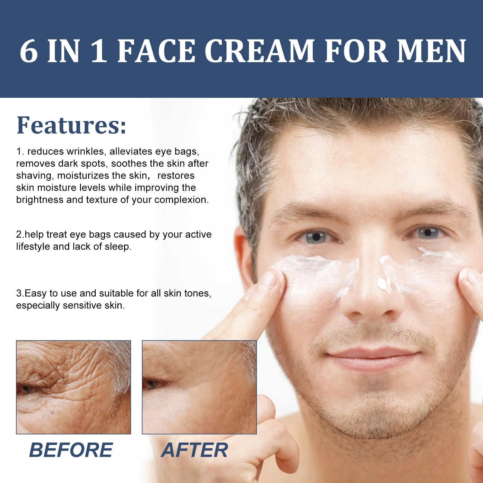 50ml 6 in 1 Men Face Cream Moisturizing Anti-aging Fade Fine Lines Reduce Dark Circles Smoothing Non-greasy Face Cream for Men