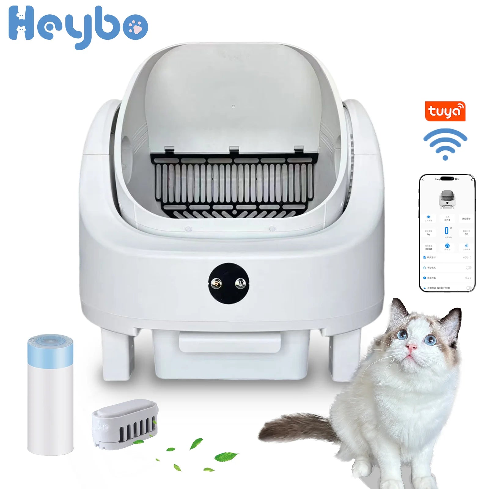 HEYBO PET Large Capacity Self Cleaning Cat Litter Box, Safety App Control, Odor Free Waste Bin, Auto Smart Open Cat Litter Box