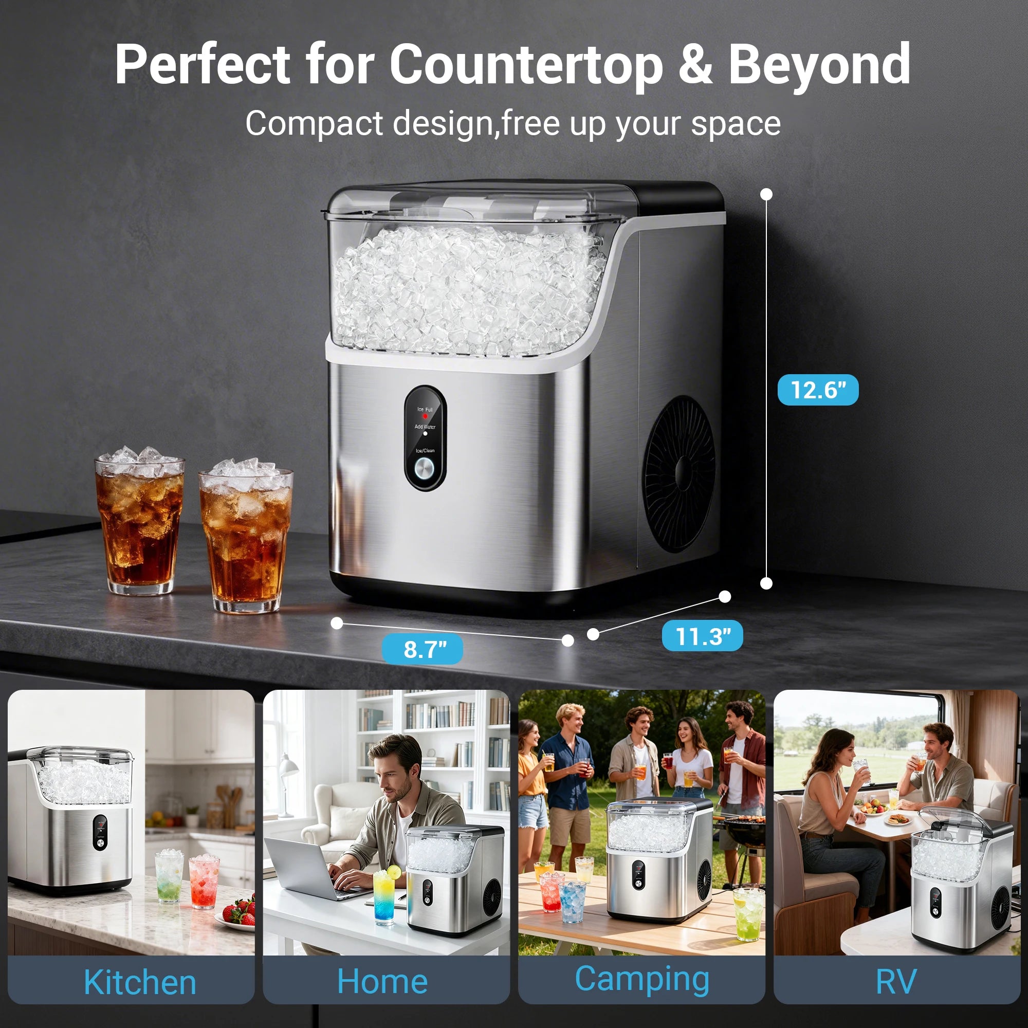 Nugget ice Maker countertop, Soft Pebble Ice Machine 40lbs/Day Small Chewable Pellet ice, Stainless Steel Quiet Mini Chewy Ice Maker Self Cleaning, Ice Ready in 6 Mins for Home Kitchen Office