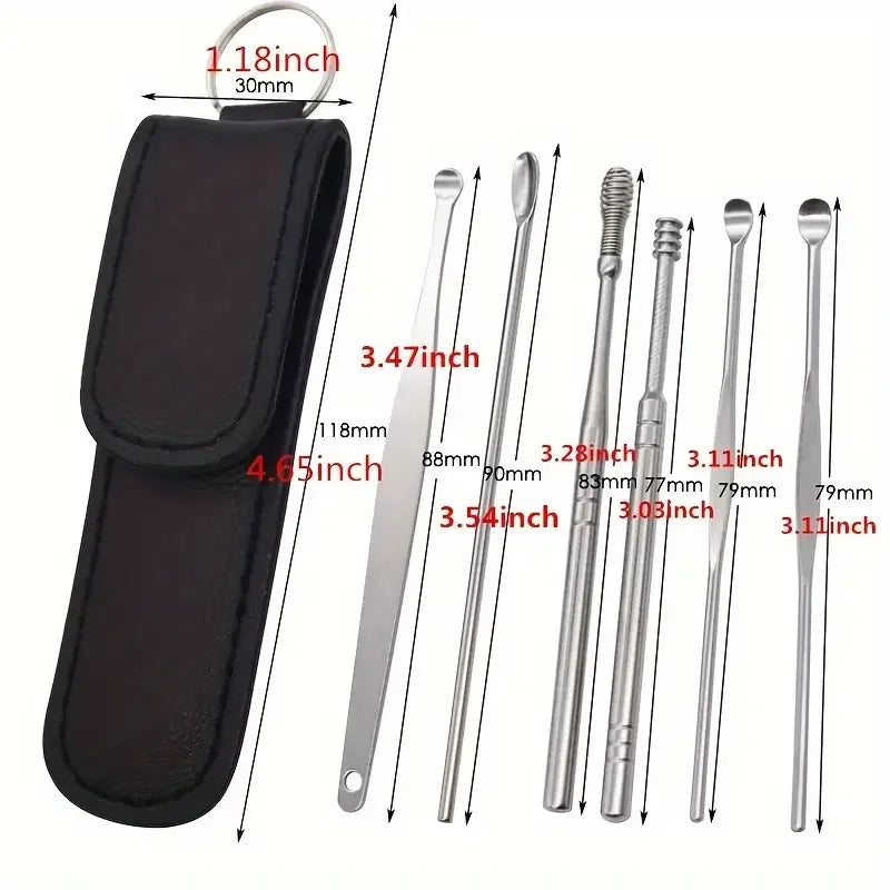 6-Piece Stainless Steel Ear Picking Set: Adult Portable Keychain Ear Picking Spoon Tool for Clearing Earwax