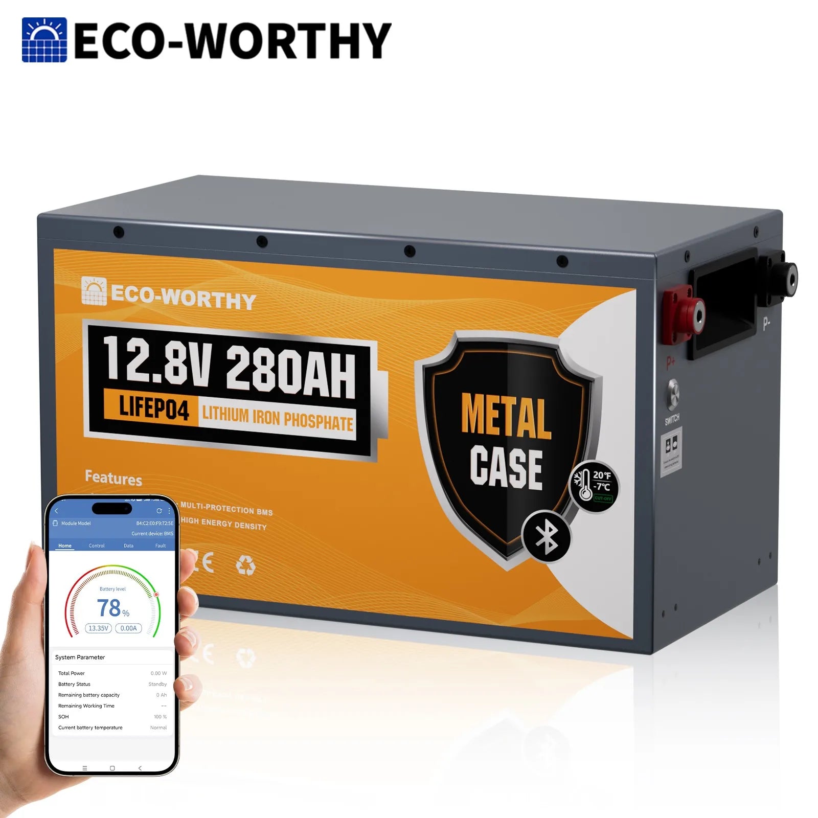 ECO-WORTHY 3584Wh 12V 280Ah Metal Case LiFePO4 Battery w/Bluetooth & Low Temp Cutoff - Built-in 200A BMS - Deep Cycle for Camper, Traile