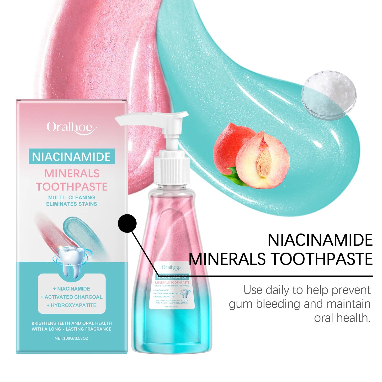 Oralhoe 100g Niacinamide Whitening Toothpaste Brighten Teeth Clean Teeth Stain Mouth Fresh Breath Oral Hygiene Bleach Toothpaste