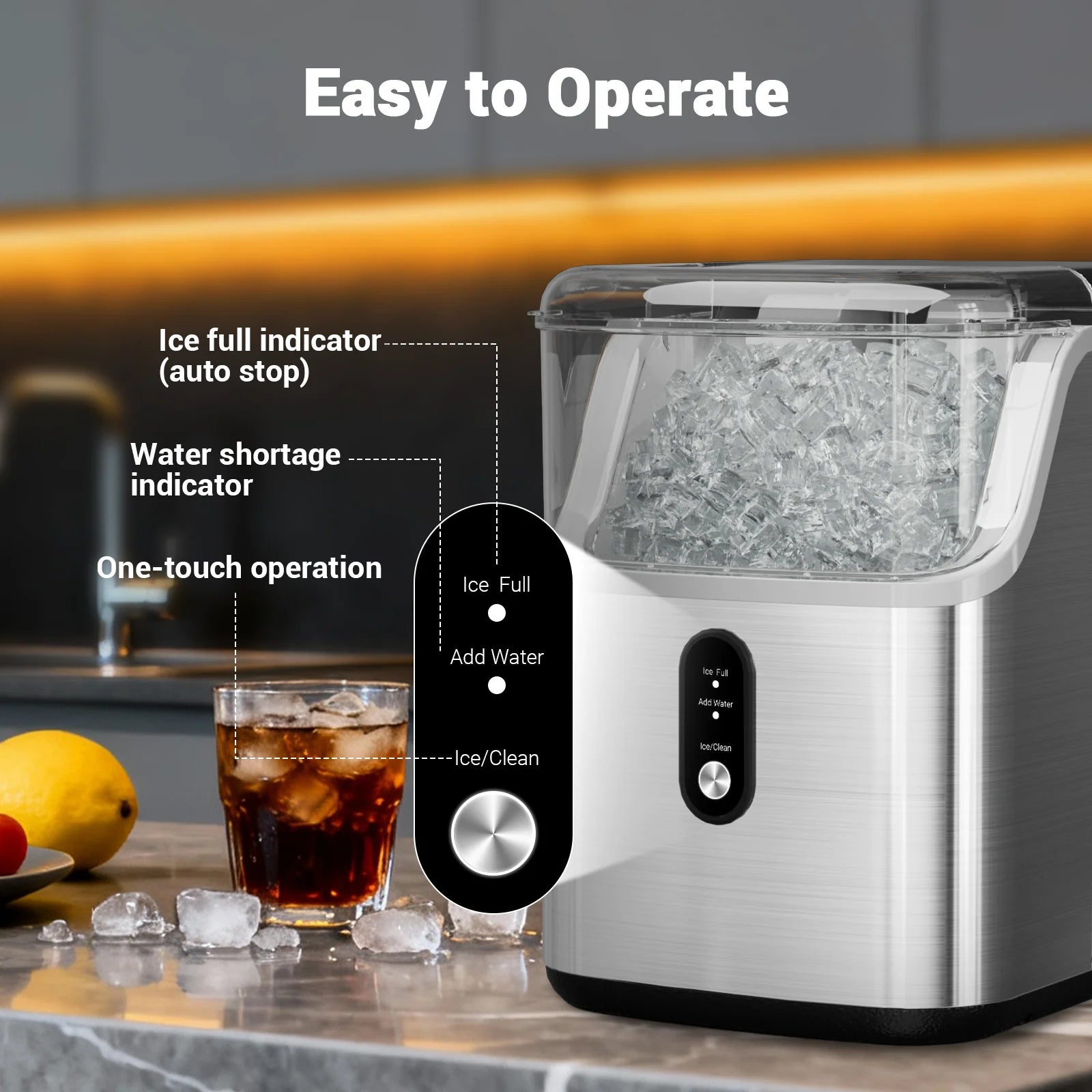 Nugget ice Maker countertop, Soft Pebble Ice Machine 40lbs/Day Small Chewable Pellet ice, Stainless Steel Quiet Mini Chewy Ice Maker Self Cleaning, Ice Ready in 6 Mins for Home Kitchen Office
