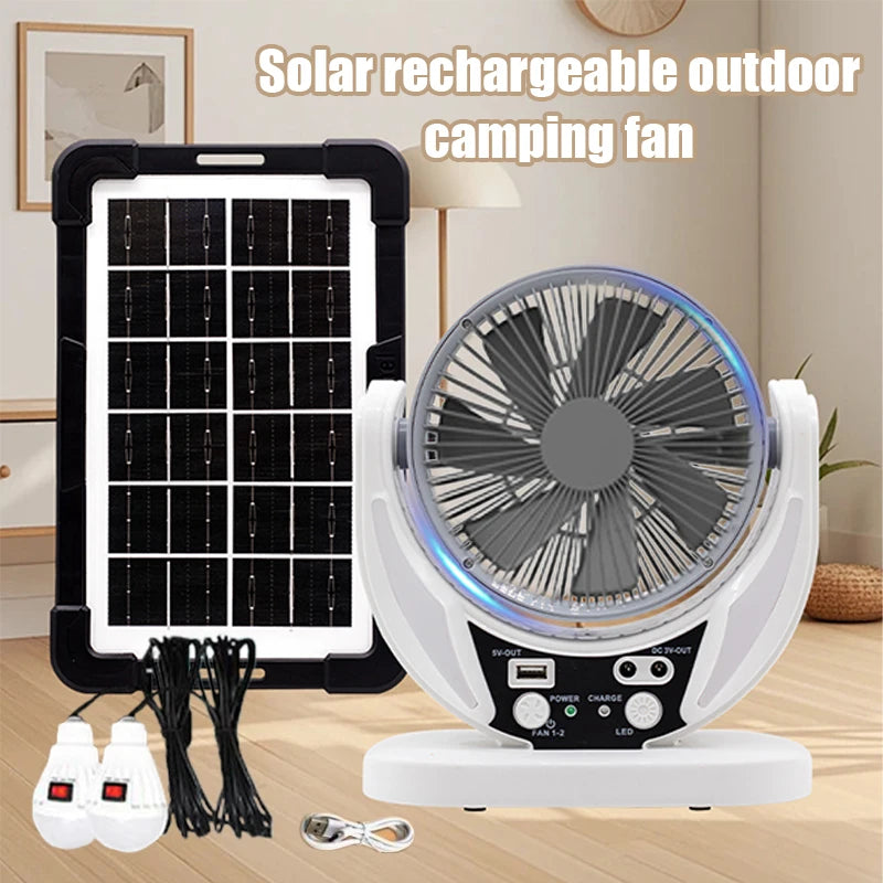 Solar-powered multifunctional fan, LED emergency light bulb, USB charging, night light function, can charge mobile phones