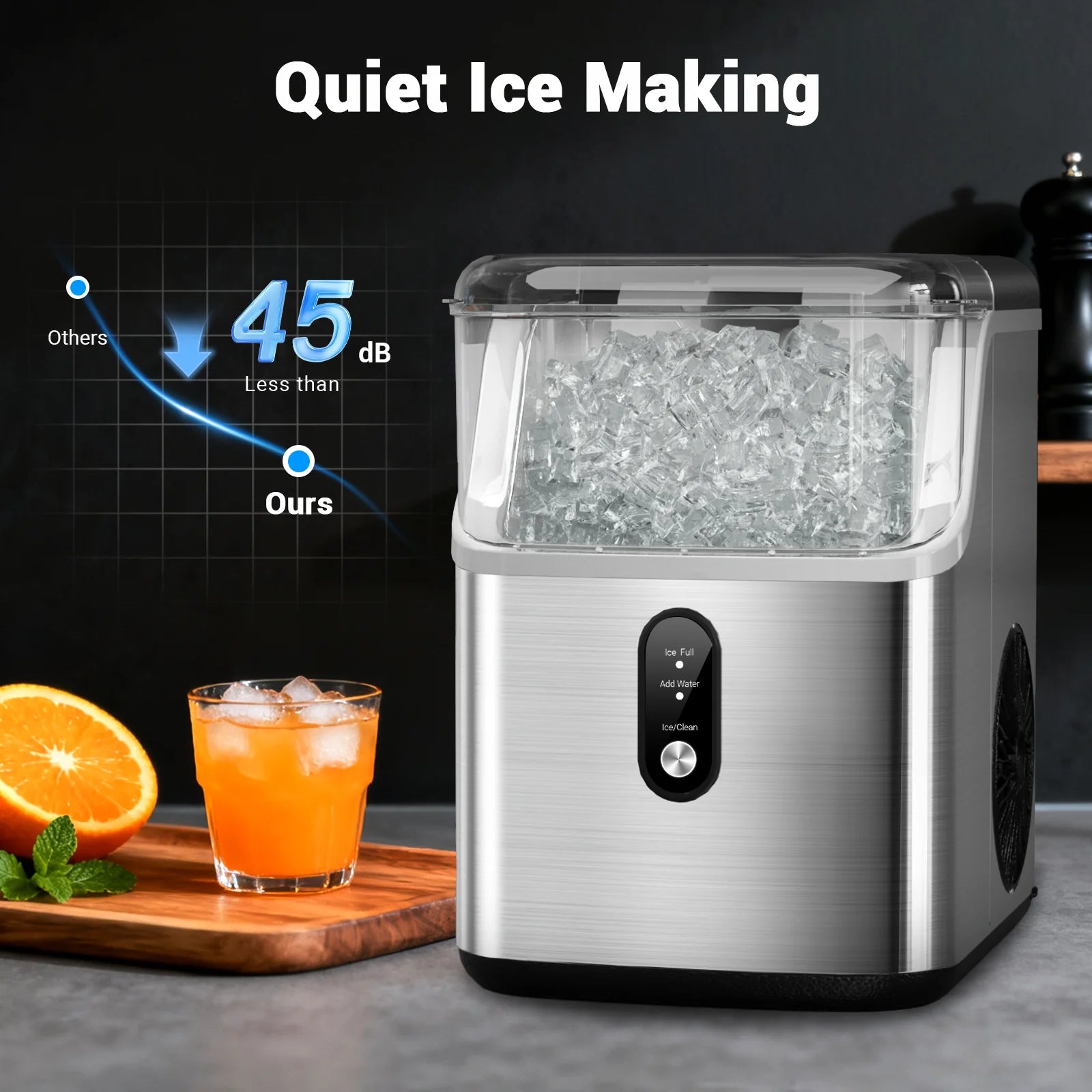 Nugget ice Maker countertop, Soft Pebble Ice Machine 40lbs/Day Small Chewable Pellet ice, Stainless Steel Quiet Mini Chewy Ice Maker Self Cleaning, Ice Ready in 6 Mins for Home Kitchen Office