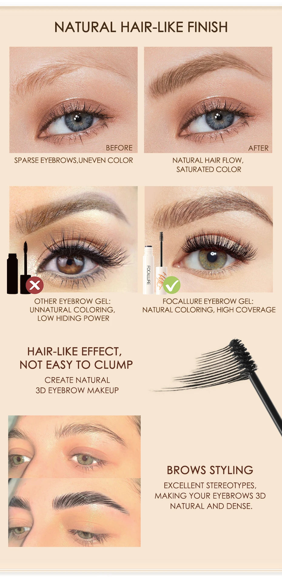 FOCALLURE Natural Brow Gel Long Hold Waterproof Eyebrow Cream Hair Like Finish Wild Eyebrows Styling Gel Beauty Eyes Makeup