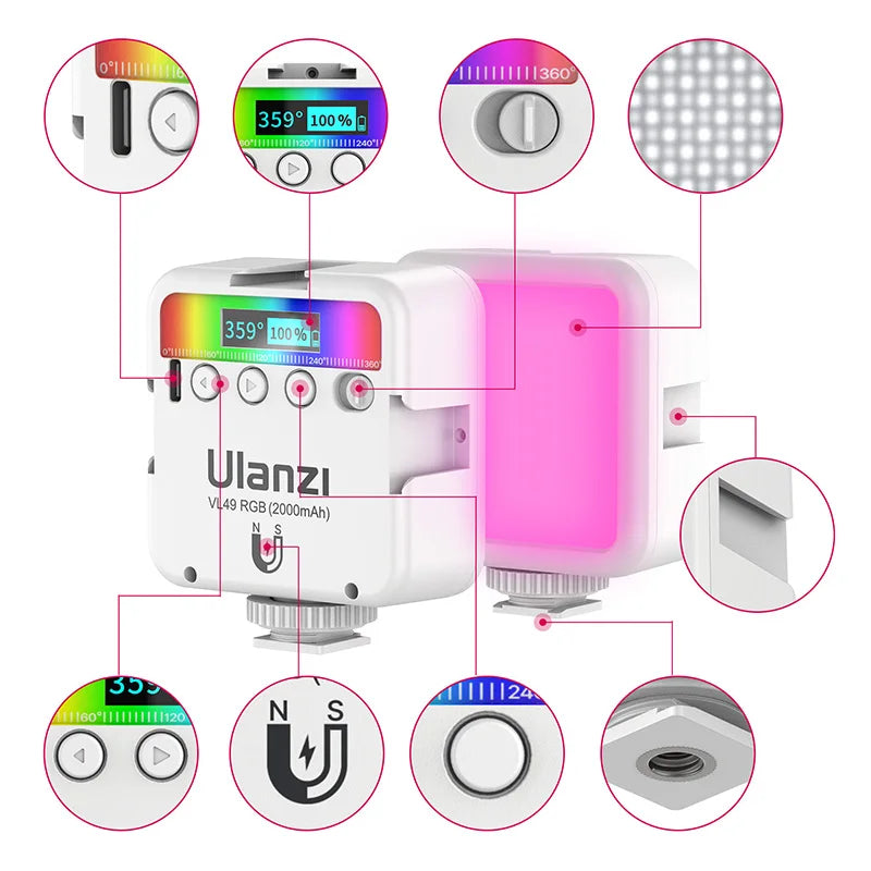 Ulanzi VL49 Full Color RGB LED Video Light 2500K-9000K 800LUX Magnetic Mini Fill 3 Cold Shoe 2000mAh Type-C Camera Light