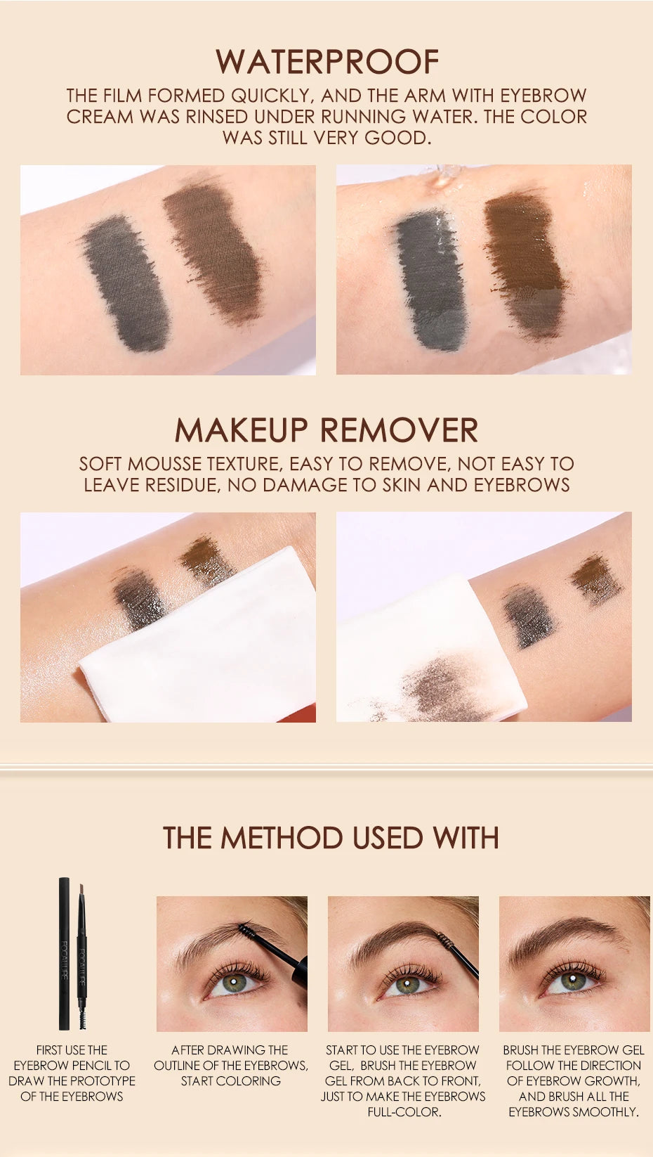 FOCALLURE Natural Brow Gel Long Hold Waterproof Eyebrow Cream Hair Like Finish Wild Eyebrows Styling Gel Beauty Eyes Makeup