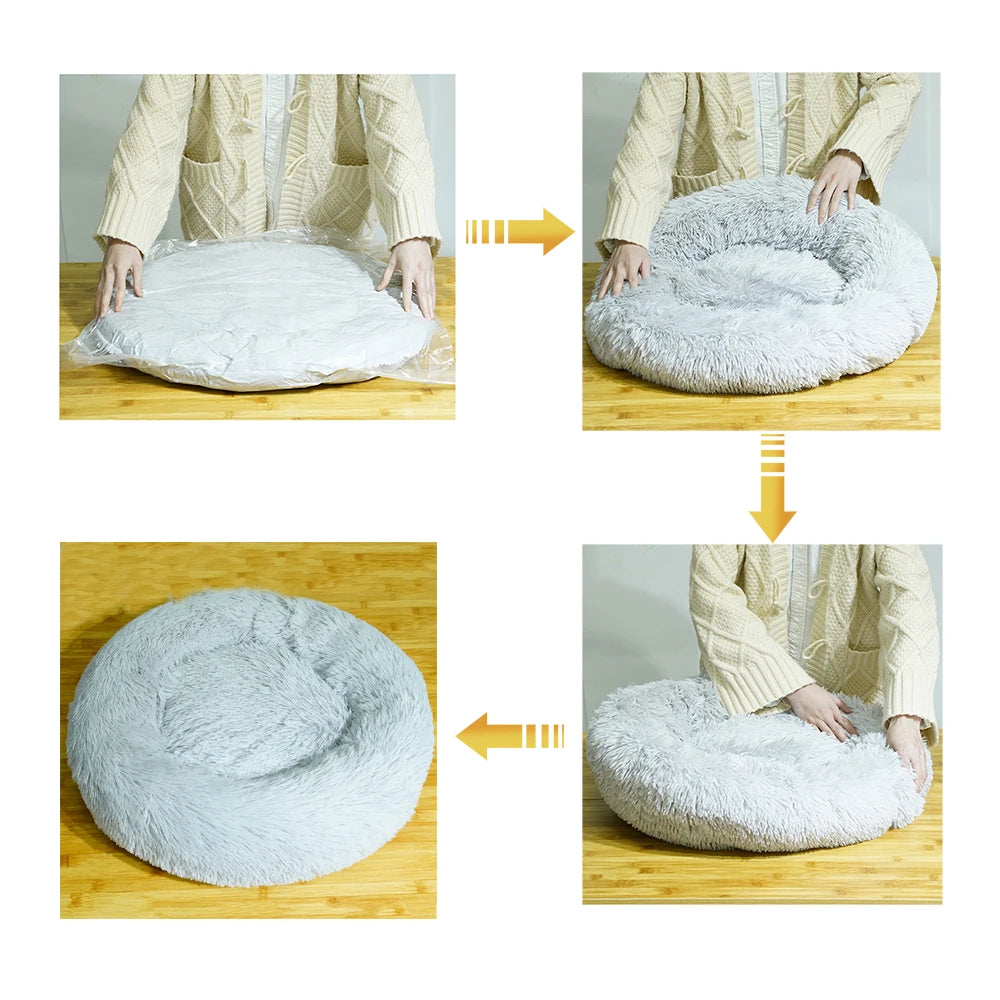 Donut Dog Bed Warm Soft Long Plush Pet bed For Samll Large Dog House Cat Calming Beds Washable Winter Kennel Sofa Cushion Mat