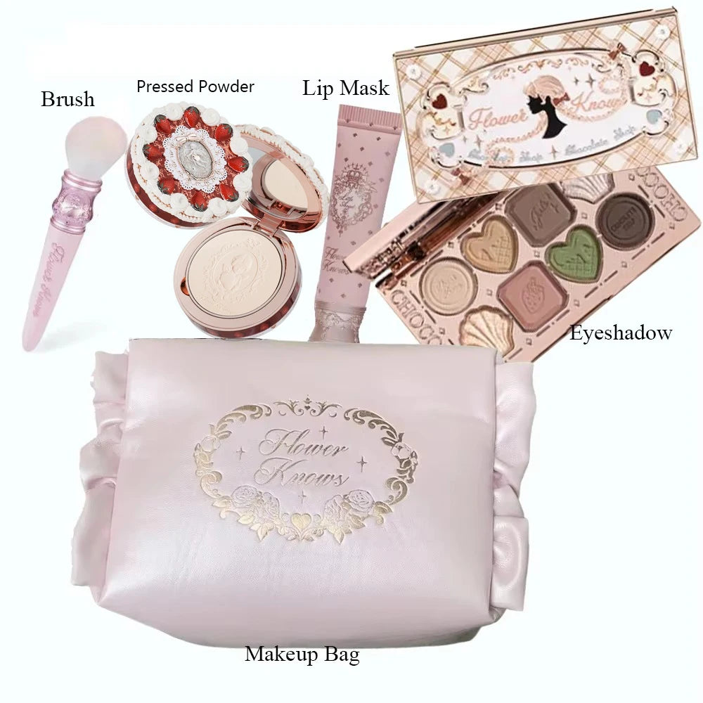 Flower Knows All In One Makeup Set Gift Box Garden Cushion Cream Foundation Matte Blush Long Lasting Velvet Lip Cream With Bag