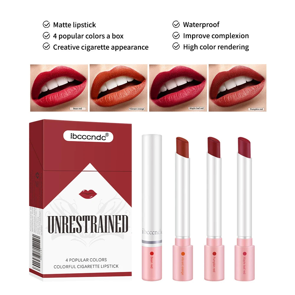 4 Colors Cigarette Shaped Lip Gloss Set Matte Velvet High Pigment Waterproof Long Lasting Non Transfer Portable Mini Lip Makeup Cosmetic