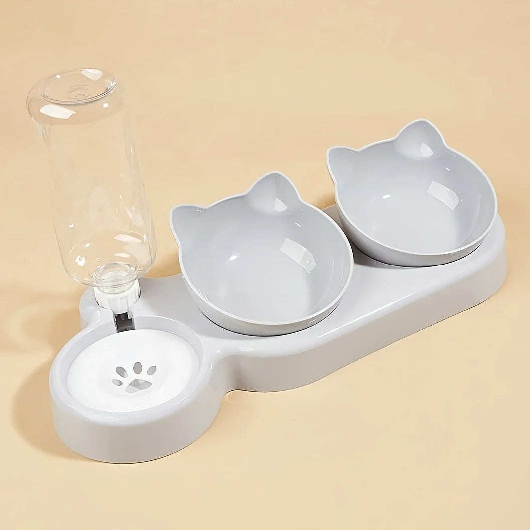 Pet Bowls With Water Feeder, 3 In 1 Ear Design Tilted Cat Water And Food Bowl 1Set With Gravity Water Bottle For Neck Protection