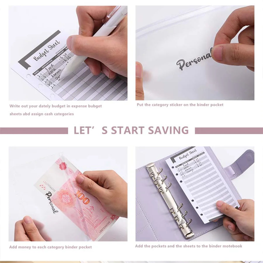 PU Leather Budget Binder With Cash Envelopes Pockets Zip Small French Budget Pouch Binder For Saving Money A6 Planner Organizer