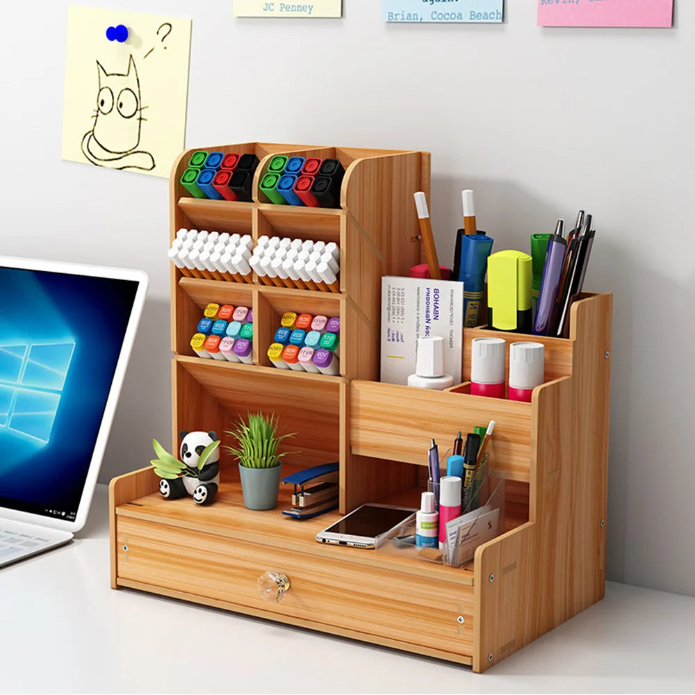 Simple Wooden Pen Holder Storage Box Student Stationery Storage Shelf With Drawer Suitable for Multi Scene Study Rooms Offices