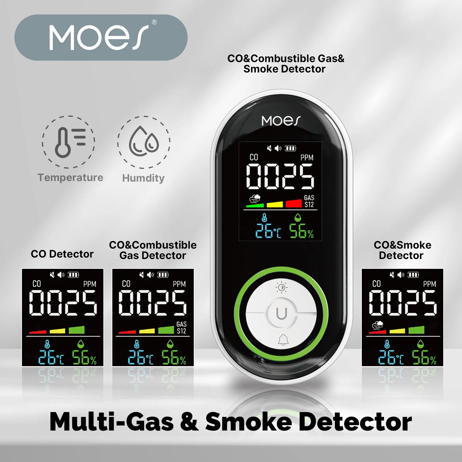MOES CO Smoke Gas Detector Alarm Plug-in Carbon Monoxide Sensor Warning LED Display Temperature Humidity Kitchen Garage Boiler