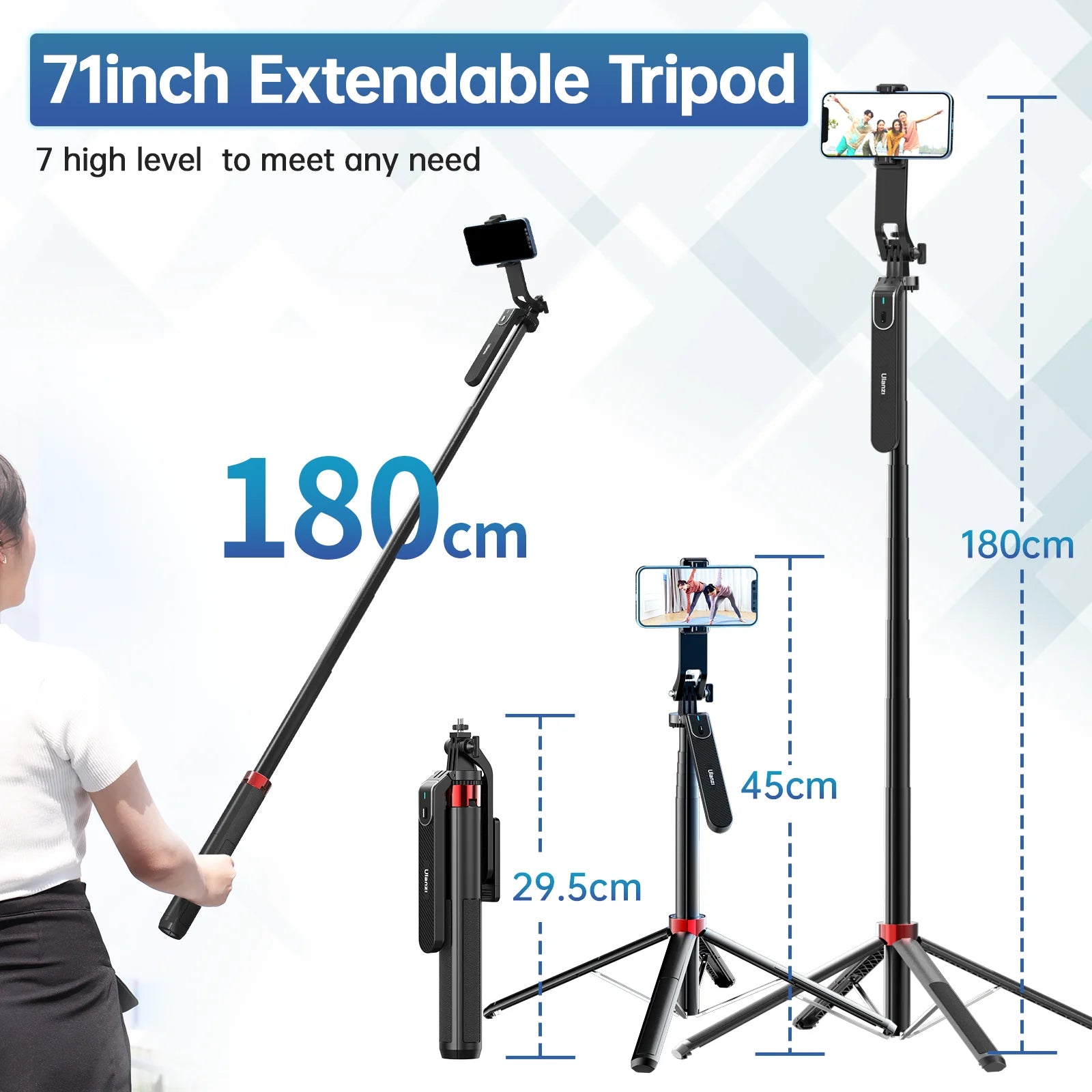 Ulanzi MA09 1.8m Selfie Stick Tripod for iPhone 16 15 Android Phone with Remote Control Panoramic Ball head Holder U200 VL49 Kit