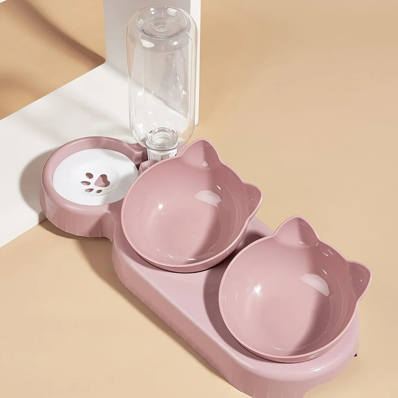 Pet Bowls With Water Feeder, 3 In 1 Ear Design Tilted Cat Water And Food Bowl 1Set With Gravity Water Bottle For Neck Protection