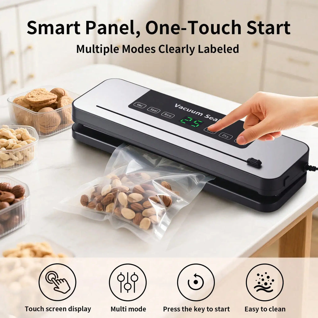 Powerful Vacuum Sealer Machine | Compact Design | One-Touch Automatic | Seal In 10-20 Seconds | Dry, Moist, Wet, And Cold Modes | With 10 Vacuum Bags & Built-In Cutter (Grey)