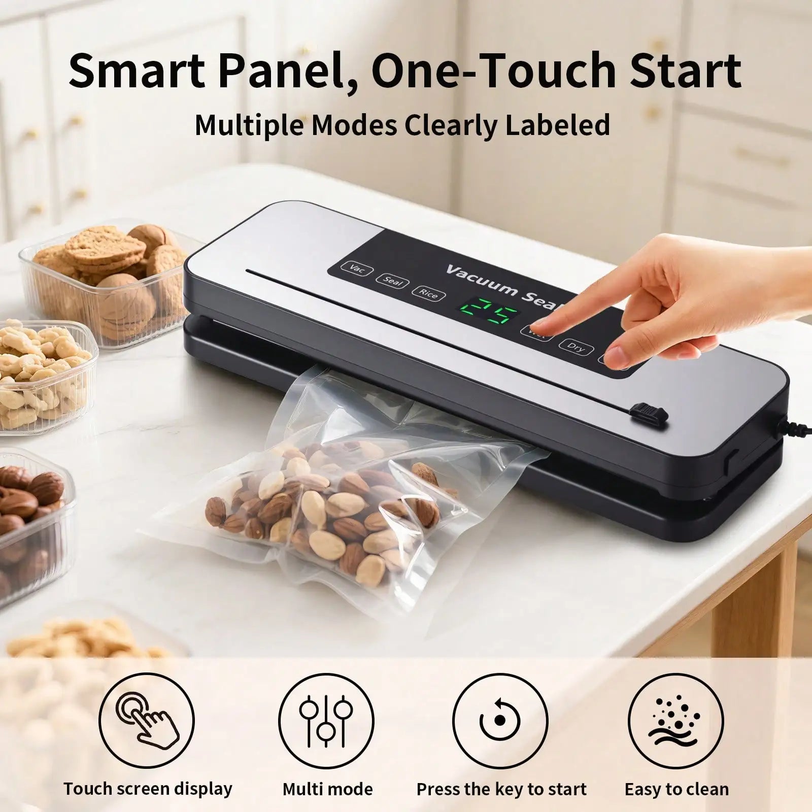 Powerful Vacuum Sealer Machine | Compact Design | One-Touch Automatic | Seal In 10-20 Seconds | Dry, Moist, Wet, And Cold Modes | With 10 Vacuum Bags & Built-In Cutter (Grey)