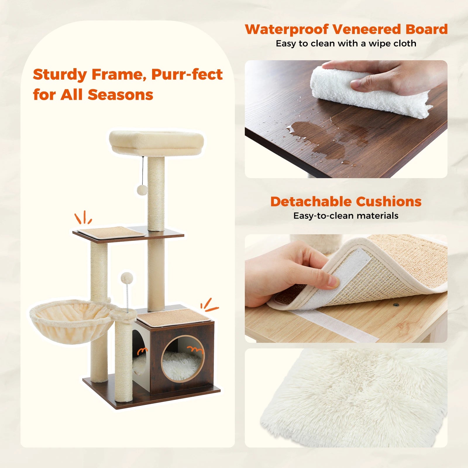 Modern Cat Tree for Indoor Cats Multi-Level Wood Cat Tower with Cozy Condo Hammock Sisal Scratching Posts Kitten House Cat Toys