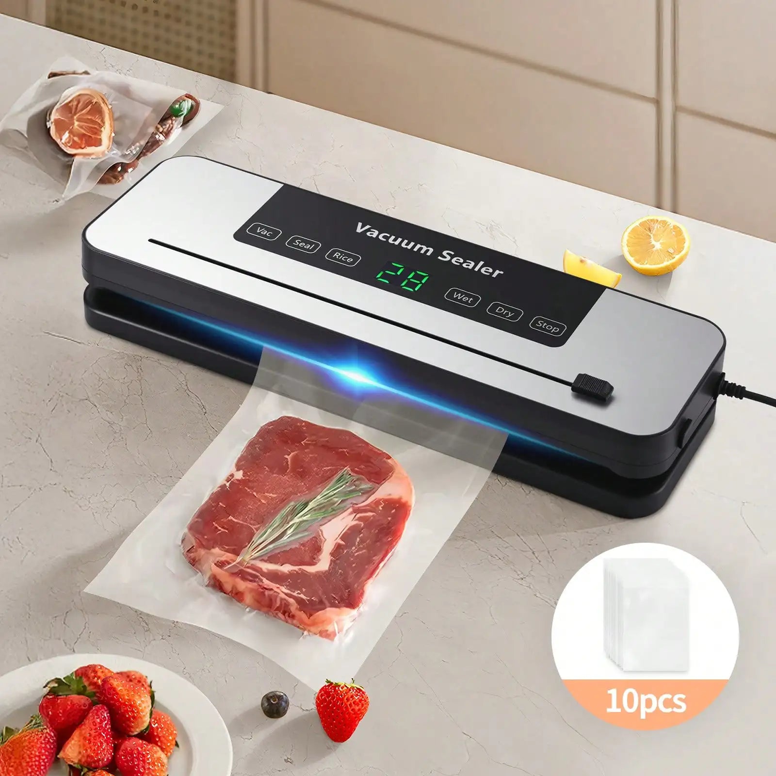 Powerful Vacuum Sealer Machine | Compact Design | One-Touch Automatic | Seal In 10-20 Seconds | Dry, Moist, Wet, And Cold Modes | With 10 Vacuum Bags & Built-In Cutter (Grey)