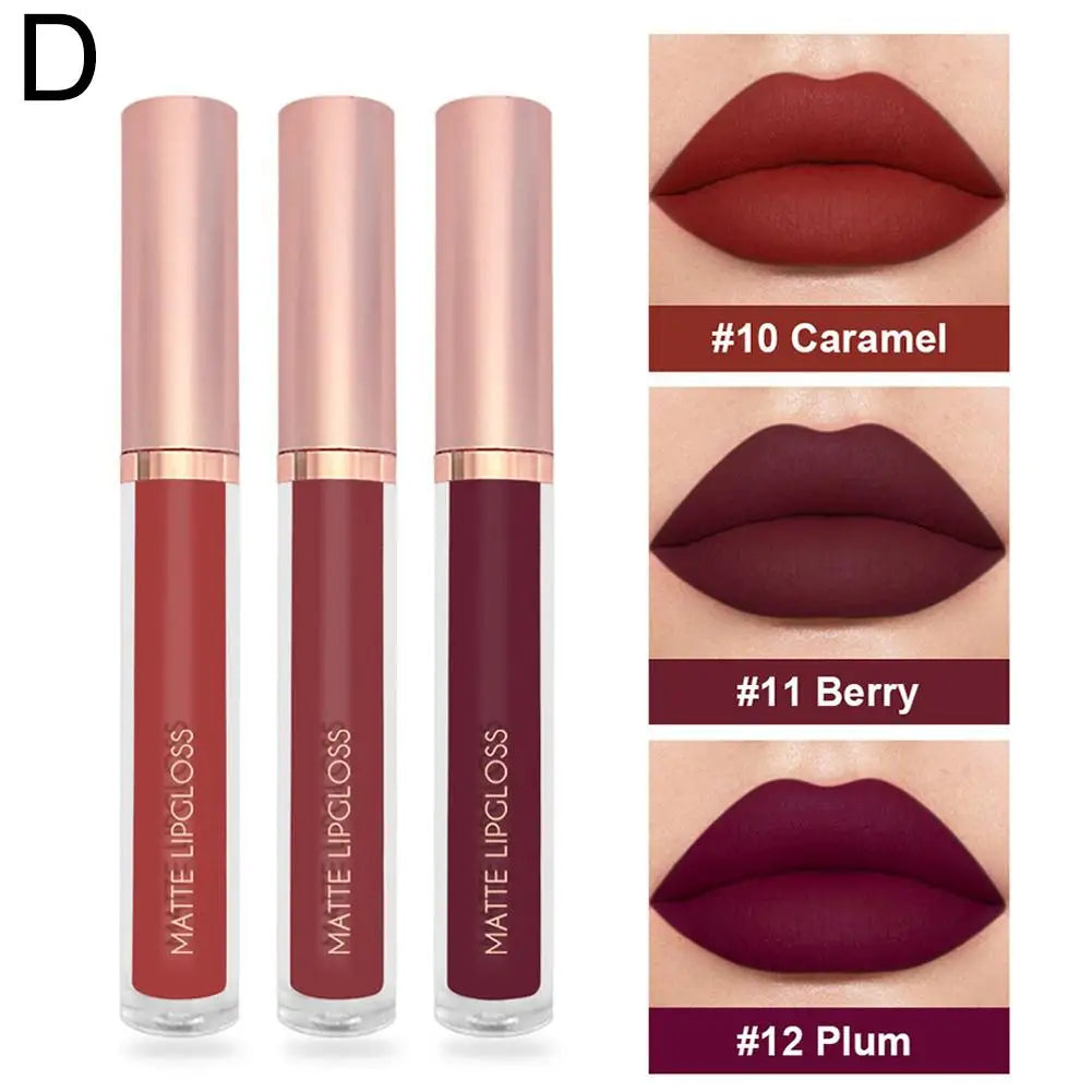 3pcs/set Nude Lip Gloss Matte Velvet Lipstick Waterproof Long-lasting Liquid Lipstick Women Moist Lip Tint Non-Stick
