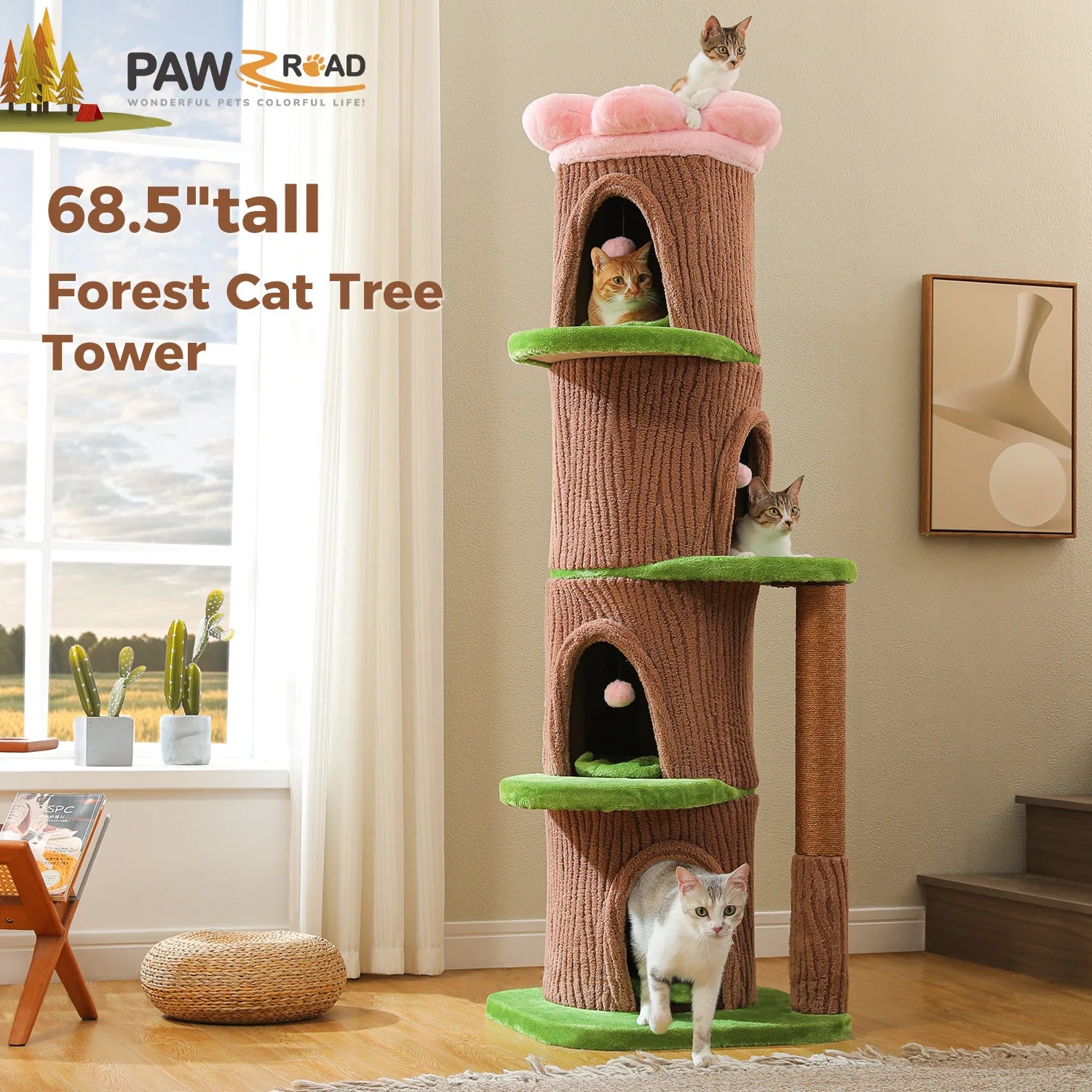 Large Cat Tree with 4 Spacious Condos Thick Scratching Post Flower Top Bed Tall Cat Tower for Indoor Luxury Cat House Bed Toys