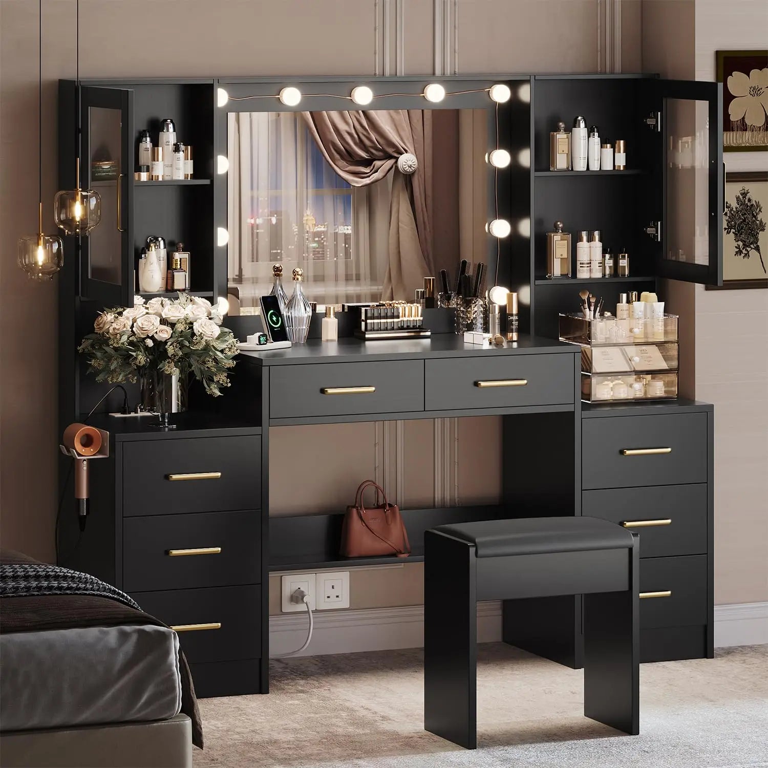 Black Vanity Desk with Mirror, Lights & Charging Station, 58.3" 3 Lighting Modes Makeup Desk with 8 Drawers, 2 Cabinets and Lots