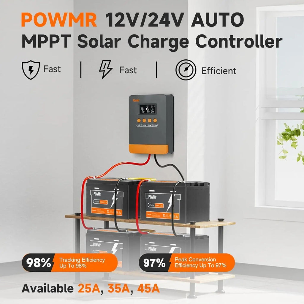PowMr 25A/35A/45A MPPT Solar Charge Controller for 12V/24V Lithium Battery LCD Regulator 100VDC Soalr Panel Dual USB Controller