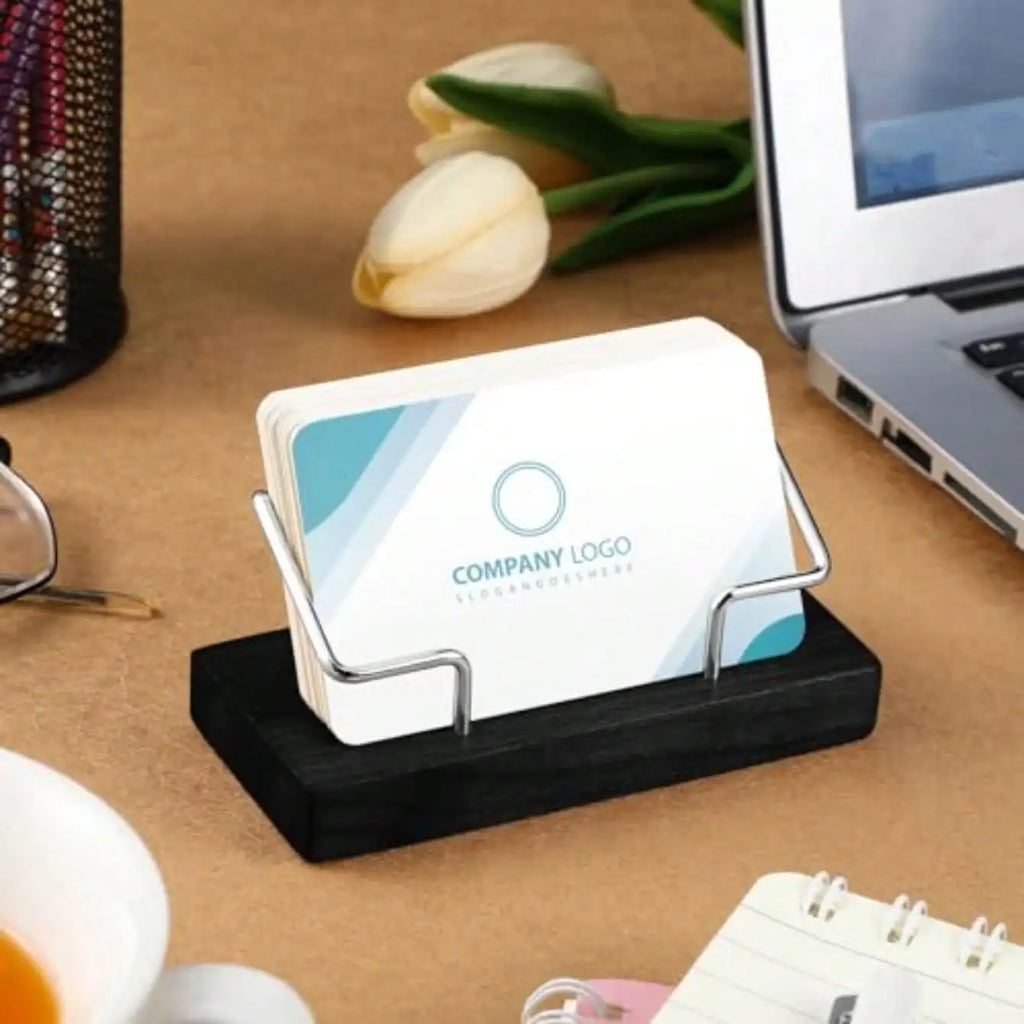 2 Pieces Wood Business Card Holder For Desk Wooden Business Card Display Stand Postcard Holder For Office Home Desktop Black, Silver