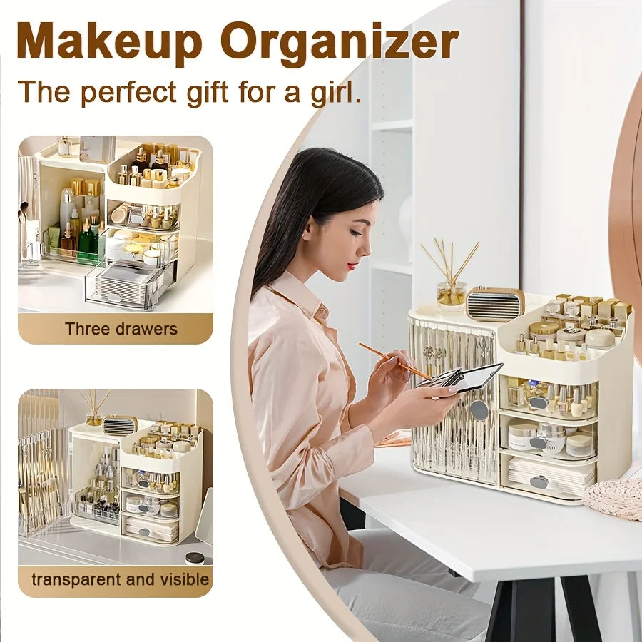 Beige Cosmetic Storage Box with 3 Drawers and Mirror High Capacity Makeup Organizer for Home and Bathroom
