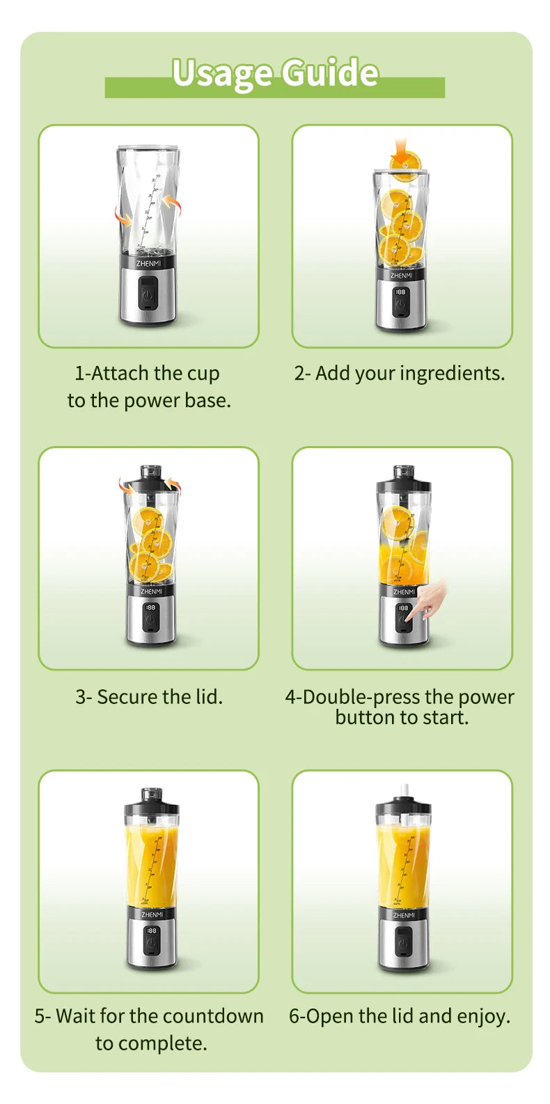ZHENMI Personal Portable Blender with Digital Auto-Countdown Display, 20oz Leakproof Travel Cup with Guarded 6-Blade for Ice Cru