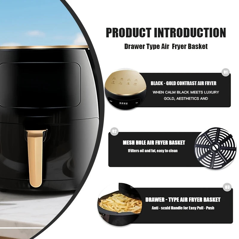 Large capacity air fryer, American standard plug, multifunctional, capable of frying, baking, roasting, heating food, with LED digital touch screen, intelligent cooking hot air fryer, easy to clean baking basket