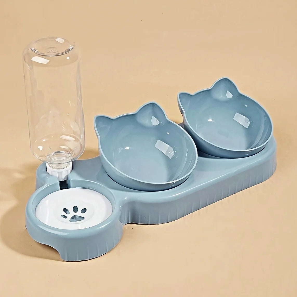 Pet Bowls With Water Feeder, 3 In 1 Ear Design Tilted Cat Water And Food Bowl 1Set With Gravity Water Bottle For Neck Protection