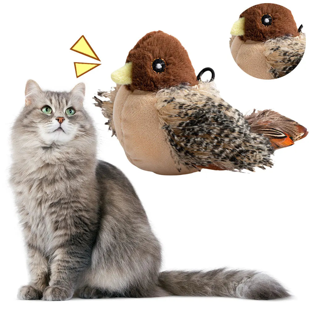 Interactive Cat Toys Flying Bird Cat Toy Flapping Wings Sparrow Catnip Toy Electric Squeaky Simulation Bird Plush Toy for Cats