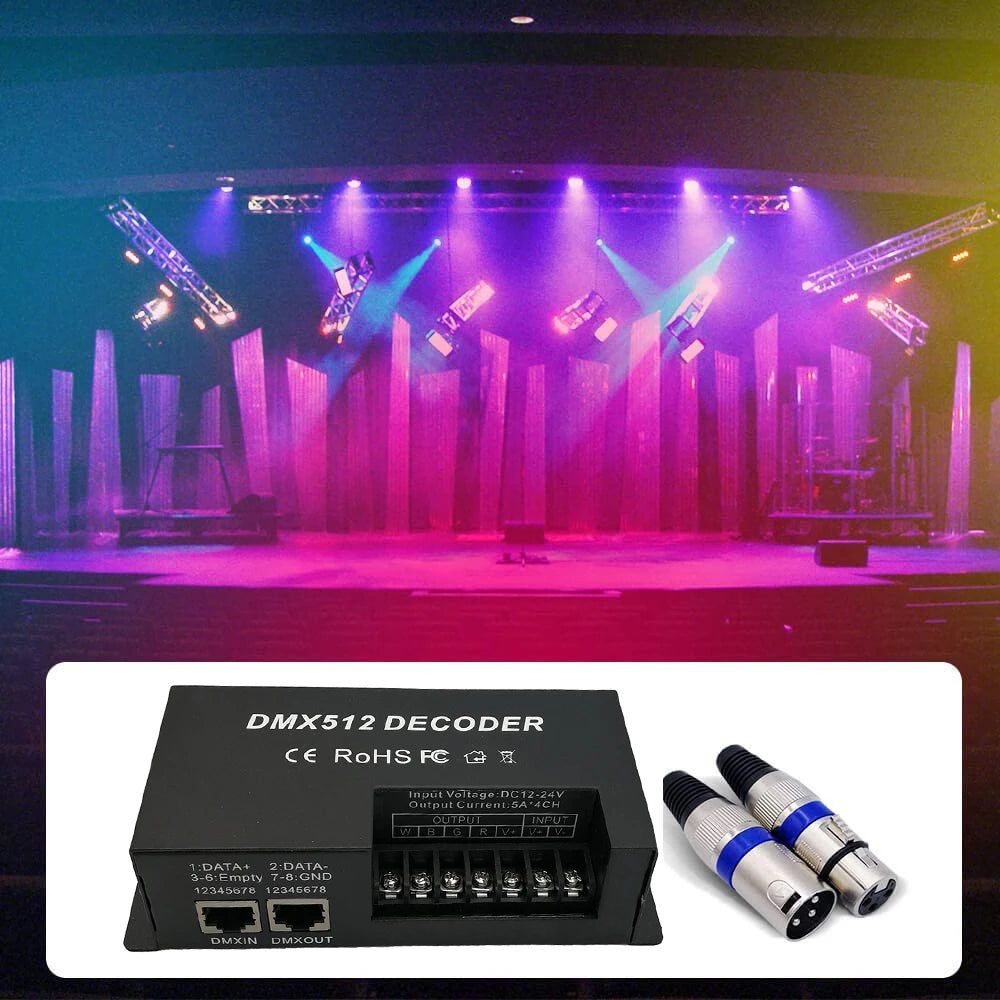 4 & 3 Channel RGBW DMX Decoder with RJ45 and XLR plug & DMX512 Dimmer Driver 20A  for DC12-24V PWM LED Strip Light Controller