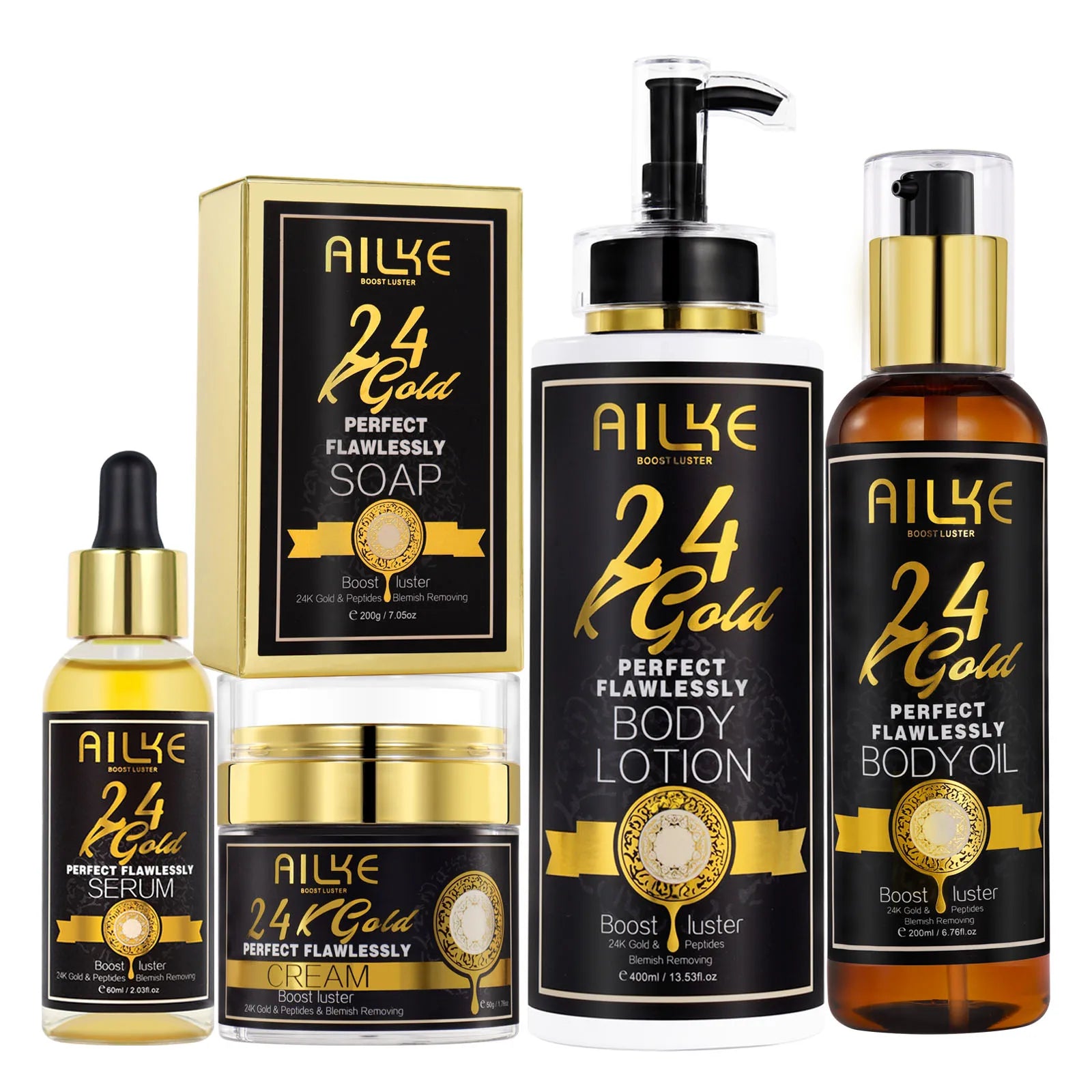 AILKE 24K Whitening Skin Set, Lightening, Remove Black Spots, Melanin, Stains, Even Skin Tone, Moisturizing, for All Skin Types
