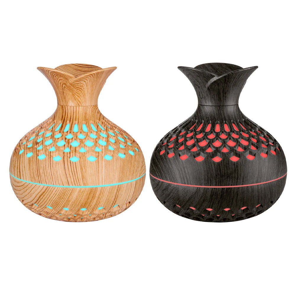300ML Wood Grain Flower Humidifier Silent Aromatherapy Diffuser USB Rechargeable Mini Air Humidifier with Colorful Night Light