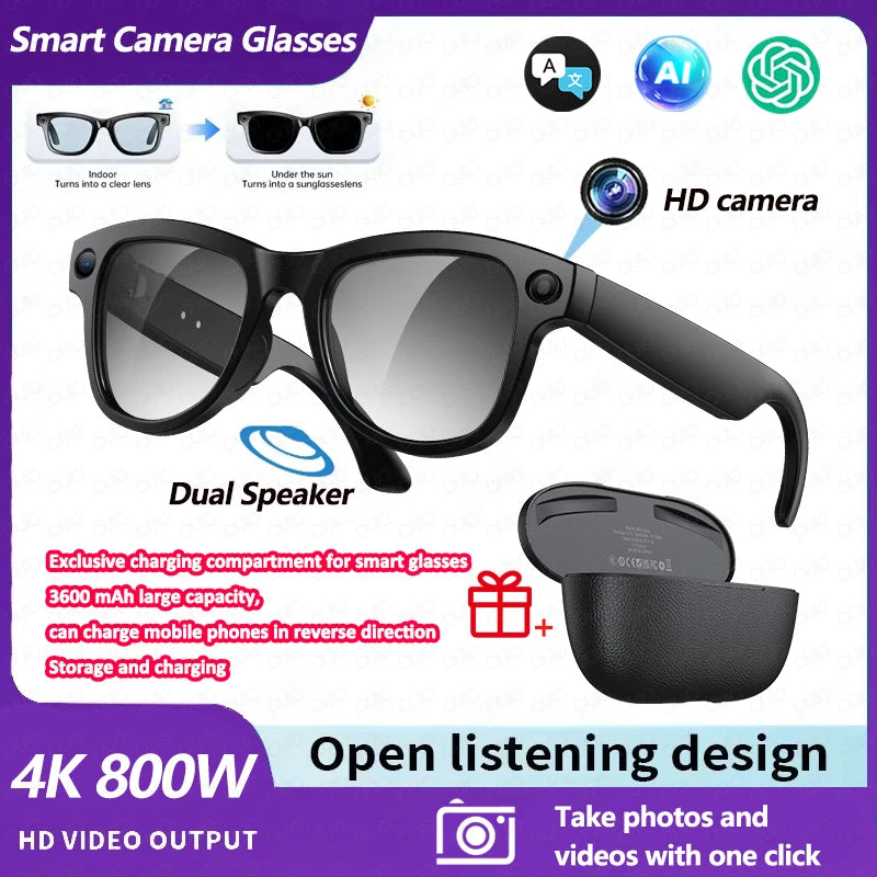 2026 New 32G Memory 800W 4K Camera Smart Glasses Men Photos&Videos 3600mAh Power Bank 120+Languages Translation AI Glasses Women