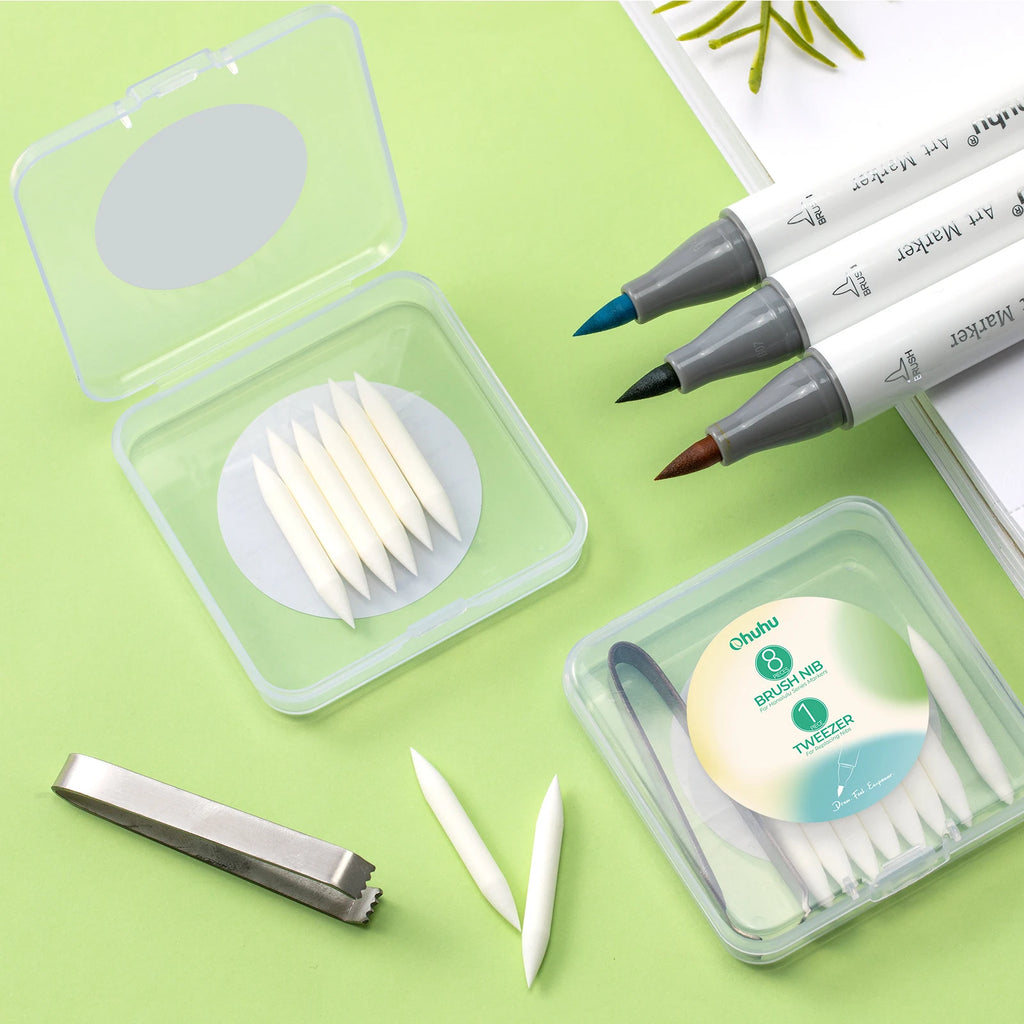 Ohuhu Replacement Brush Nibs Of Honolulu & Honolulu B Series Markers Replacement Super Brush Nibs Tweezer included Storage Box