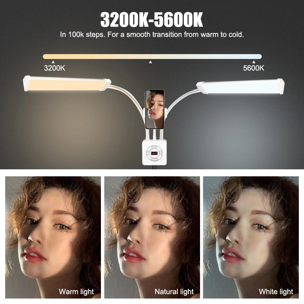 HDSNH LED Video Light 40W Double Arms Beauty Light with Phone Holders Adjustable Tripod Dimmable 3200-5600K for Makeup Manicure