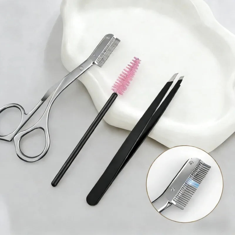 Stainless Steel Eyebrow Scissors with Eyebrow Comb Tweezers Makeup Scissors Eyebrow Trimming Knife Hair Remover Shaver Tool