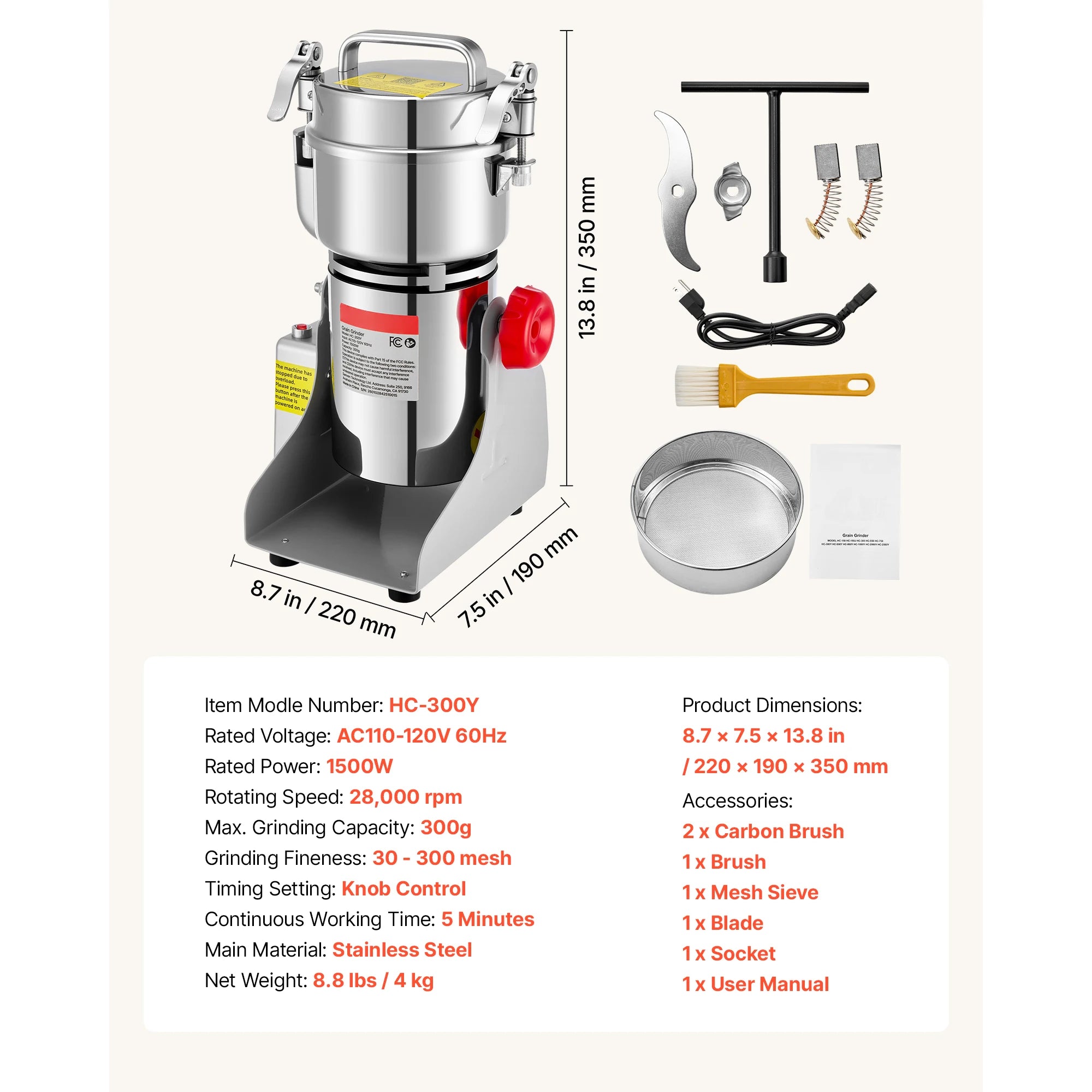 SucceBuy Electric Grain Mill Grinder 28000/32000RPM High Speed Stainless for Dried Grains Coffee Beans Spices 270° Swing Type