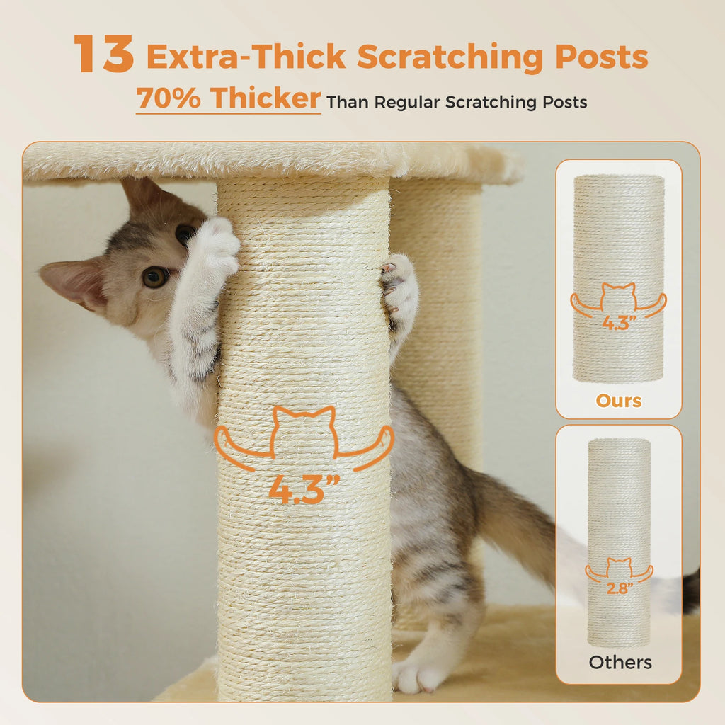 Multi-Level Cat Tree with Scratching Posts, Cozy Condo, Super Large Perch, Deep Hammocks, Tall Cat Tower for Indoor Adult Cats