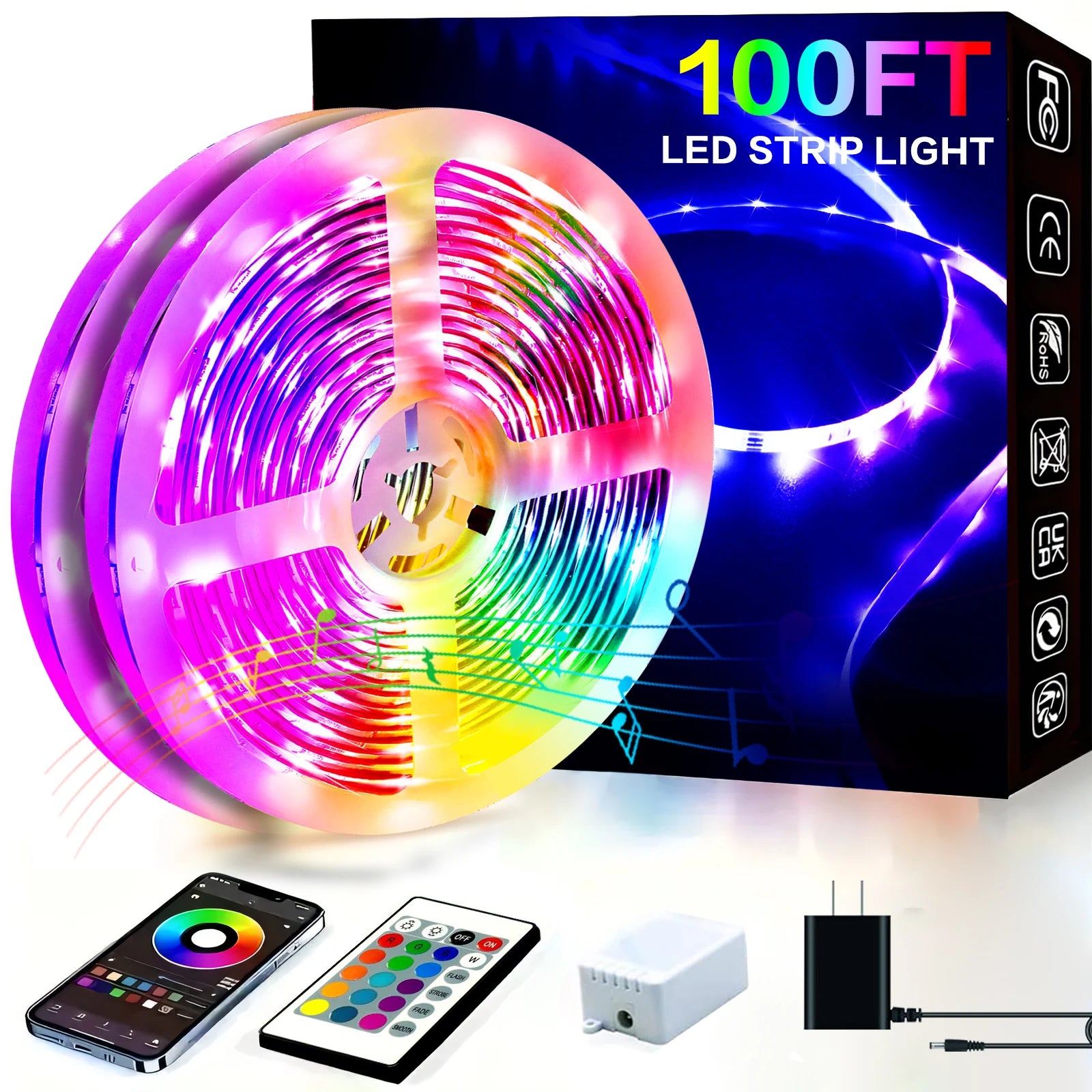 100FT Bluetooth LED Strip Lights, RGB Color Changing Led Strip Lighting with 24-Key Remote and  APP Control, Music Sync Lights