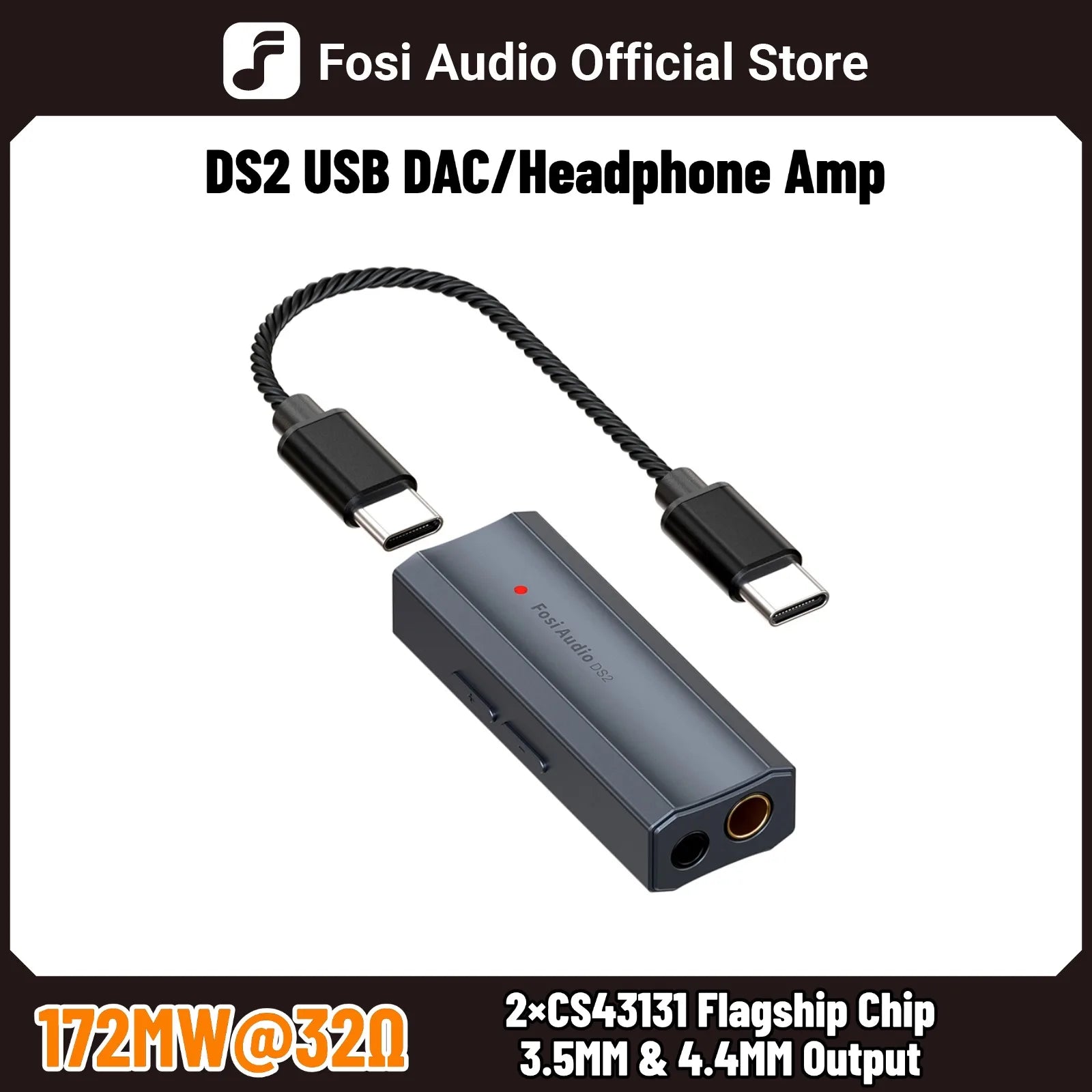 Fosi Audio DS2 Mini Audio USB DAC Dongle Headphone Amplifier DSD Decoder Amp Support 32bit/384kHz with 3.5MM & 4.4MM Balanced