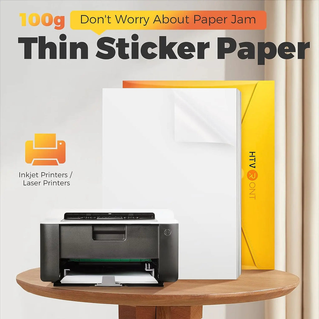 HTVRONT Premium Printable Vinyl Sticker Paper for Inkjet Printer -100 Sheets 100g Matte White Waterproof, Dries Quickly-Standard