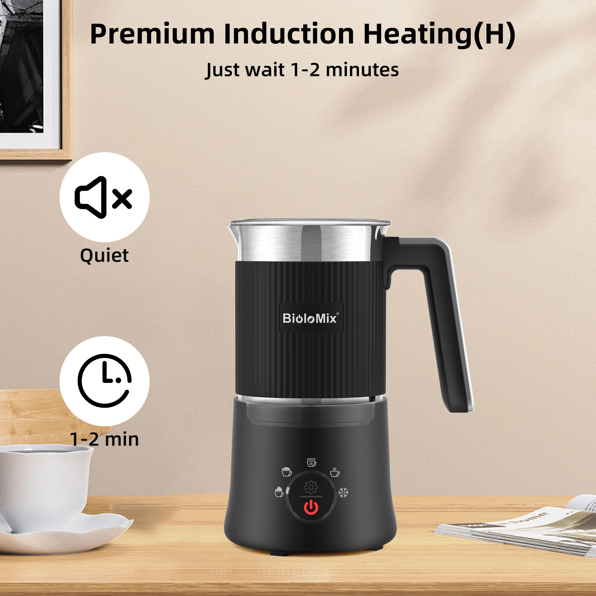 BioloMix 5-in-1 Detachable Milk Frother and Steamer，Automatic Hot/Cold Foam and Hot Chocolate Maker ,Dishwasher Safe