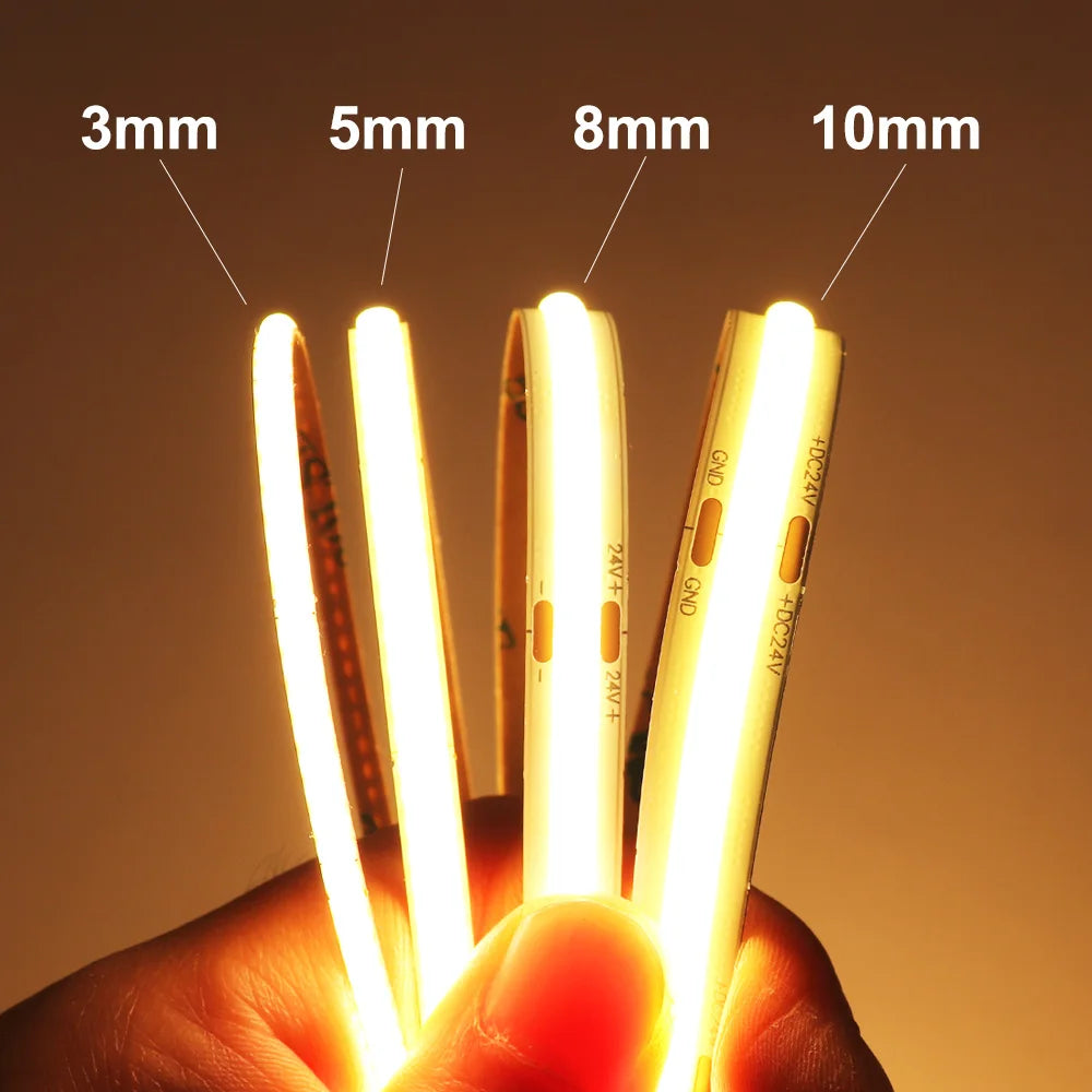 3mm 5mm 8mm COB LED Strip 12V 24V Dimmable Tape LED Ice Blue Yellow Red Green Pink White For Home Decor RA90 LED Strip Lighting